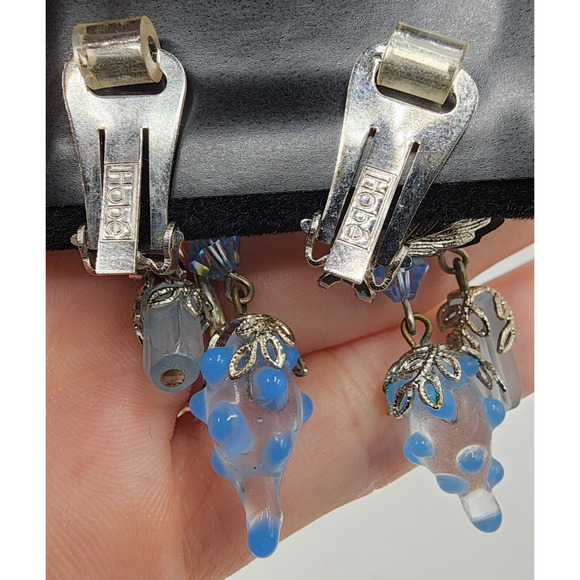 Hobe Silver Grape Leaf Glass Bead Crystal Earrings Dangle Vintage Signed Clip - Picture 7 of 16
